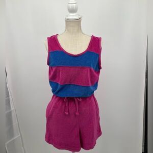 Vintage Pink Blue Striped Terrycloth Sleeveless Romper | size large